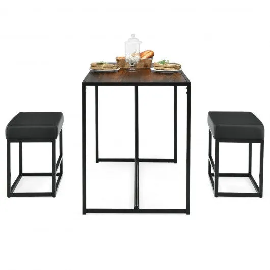 3 Pcs Dining Set Metal Frame Kitchen Table and 2 Stools-Brown