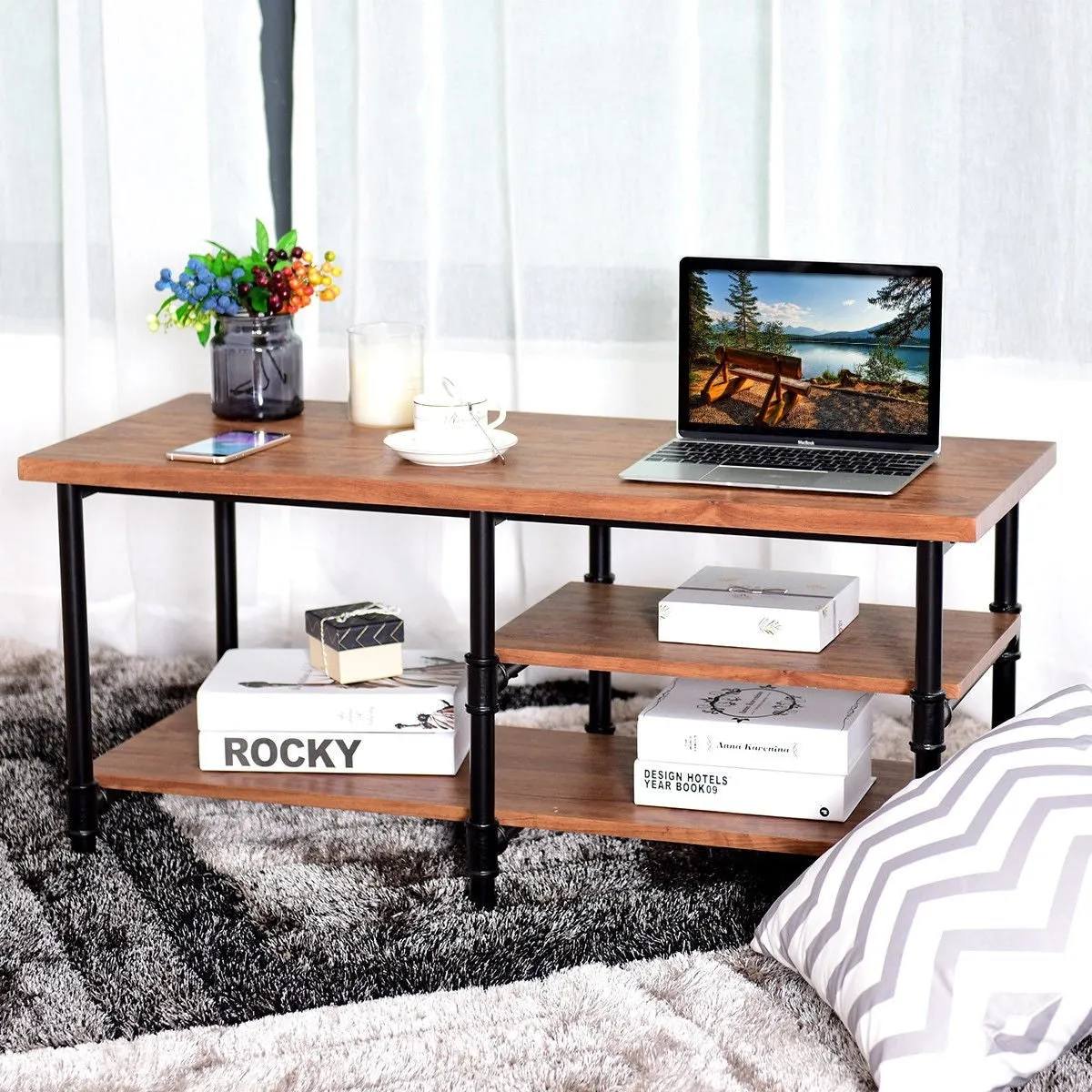 3-Tier Metal Frame Coffee Table with Storage Shelves
