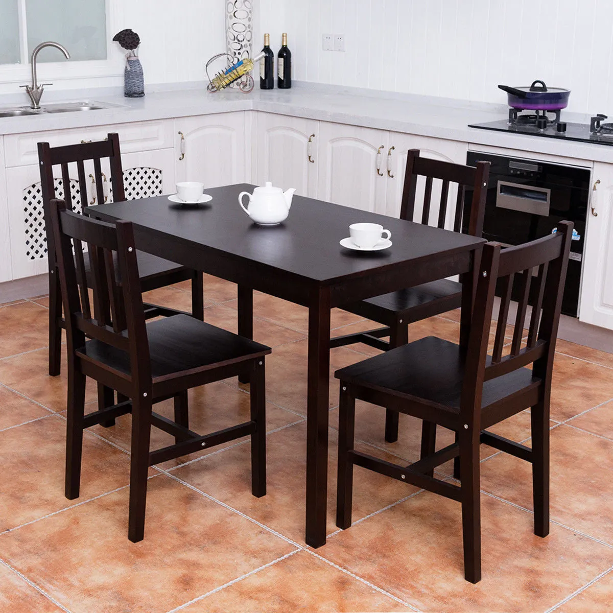 5PCS Solid Pine Wood Dining Set Table and 4 Chairs