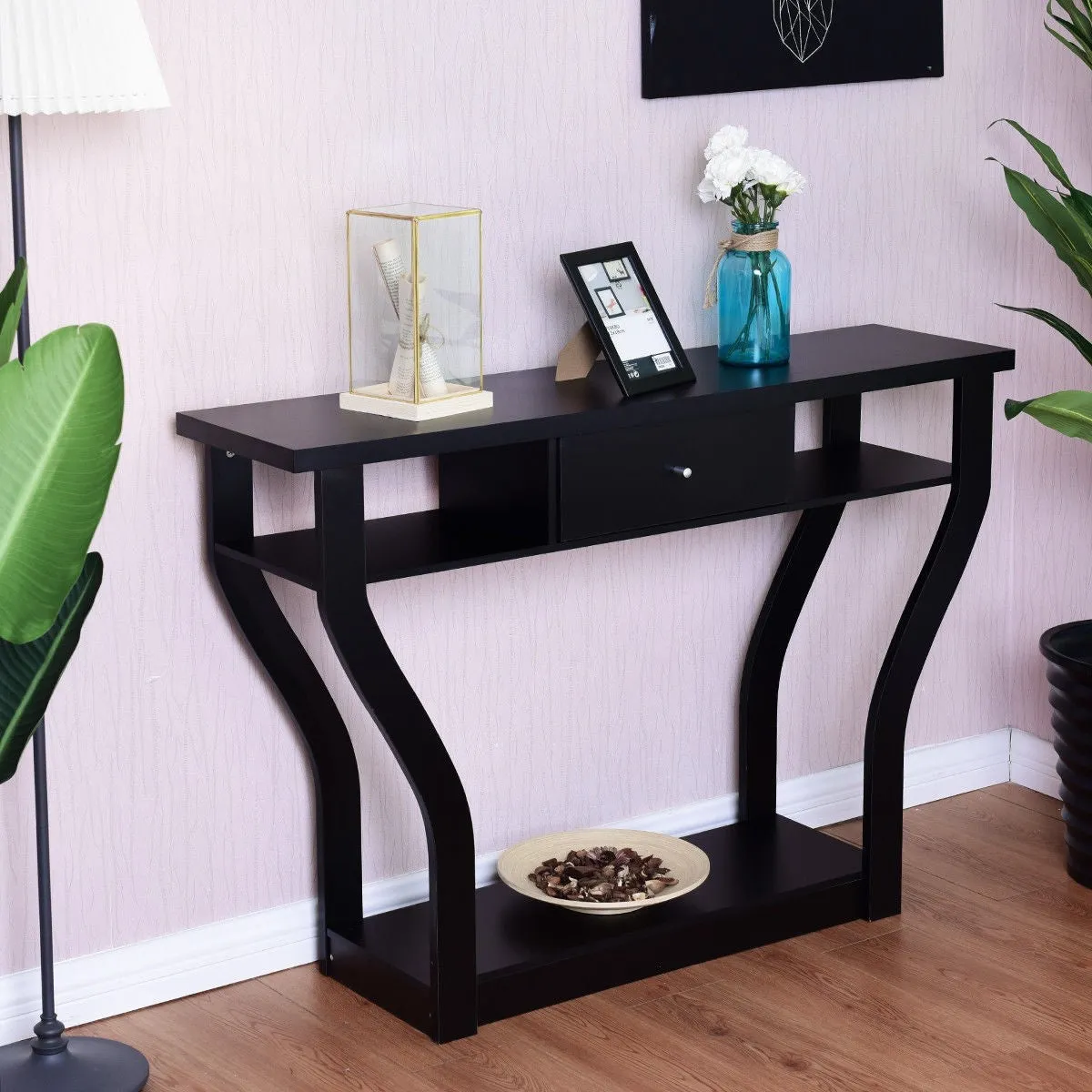 Black Accent Console Table Modern Sofa Entryway Hallway Hall Furniture W/Drawer