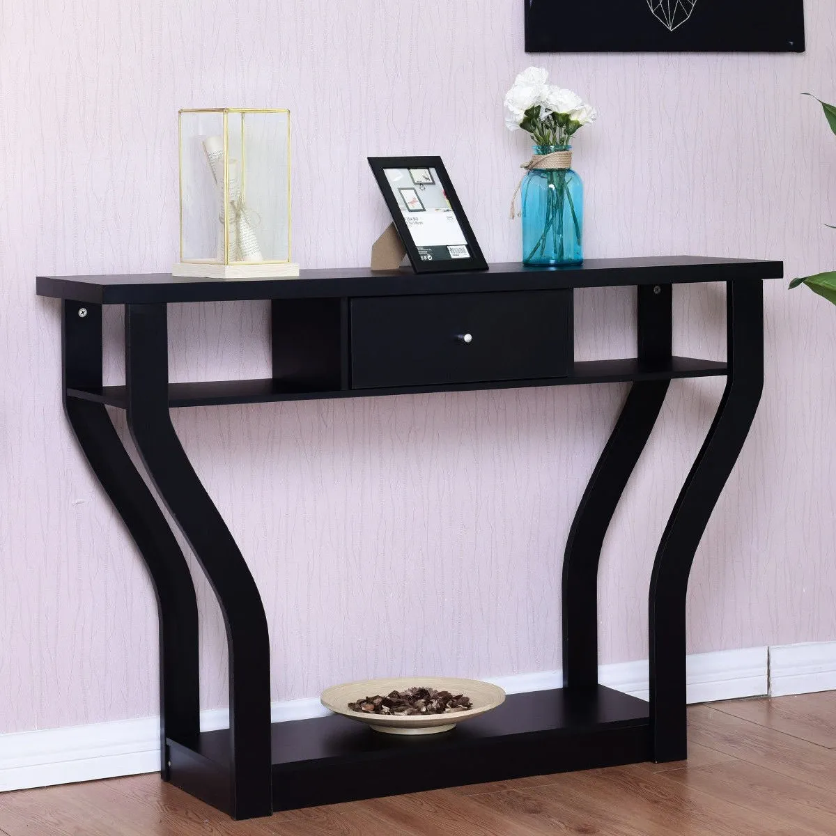Black Accent Console Table Modern Sofa Entryway Hallway Hall Furniture W/Drawer