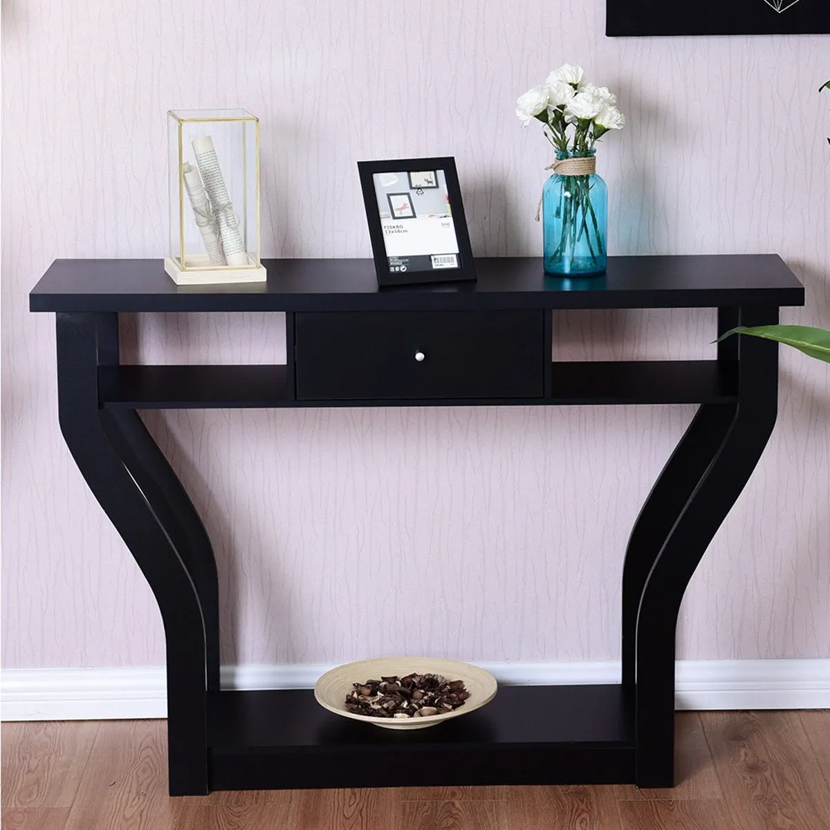 Black Accent Console Table Modern Sofa Entryway Hallway Hall Furniture W/Drawer