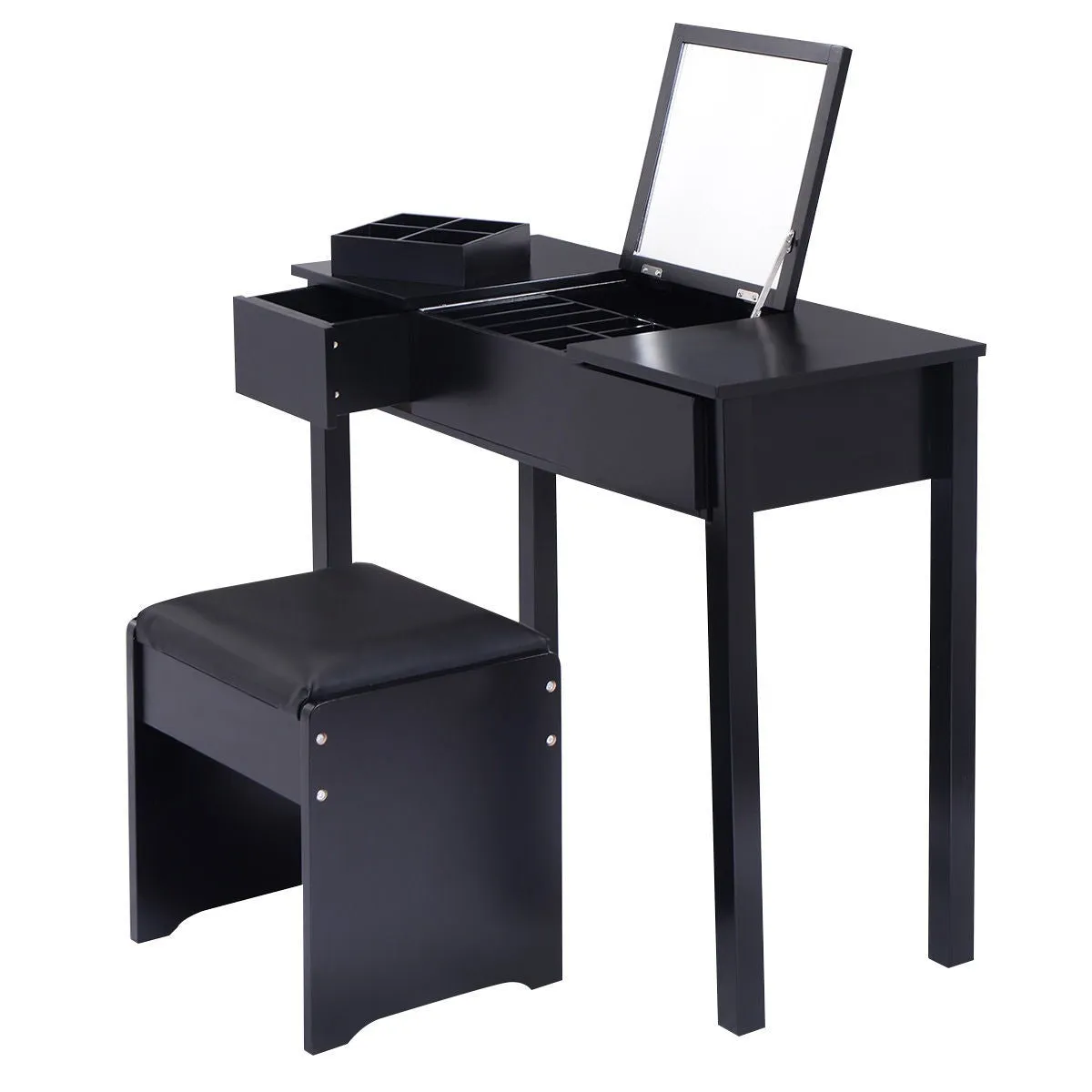 Black Vanity Dressing Table Set Mirrored W/Stool &Storage Box