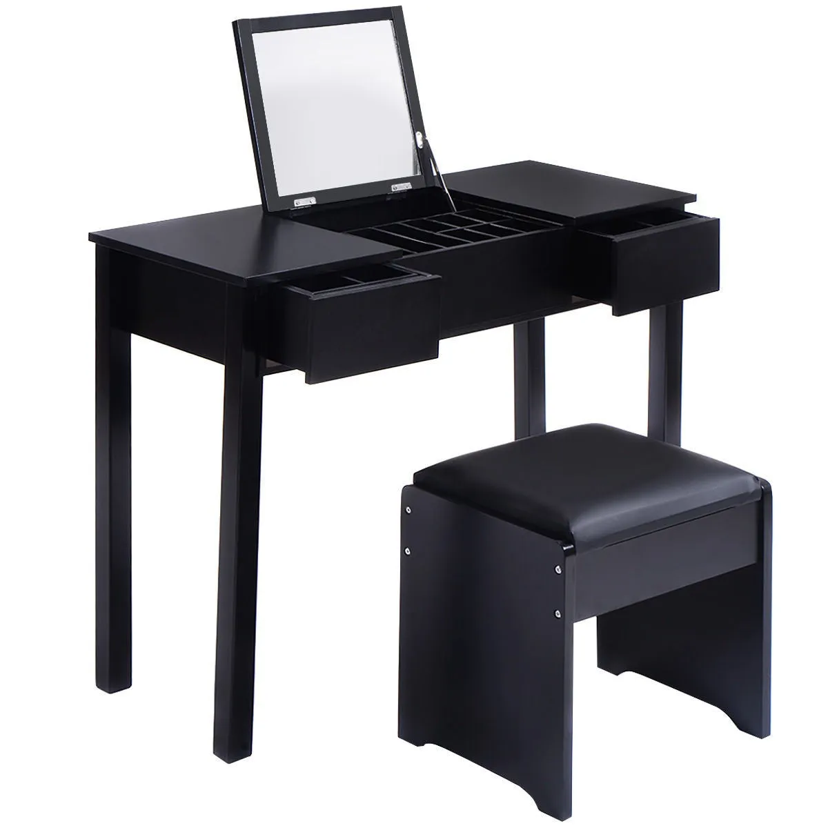 Black Vanity Dressing Table Set Mirrored W/Stool &Storage Box