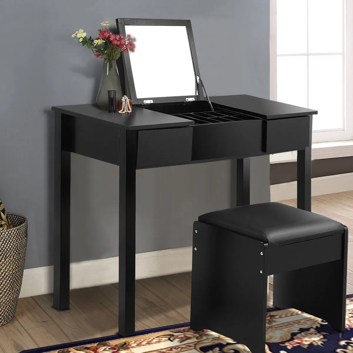 Black Vanity Dressing Table Set Mirrored W/Stool &Storage Box
