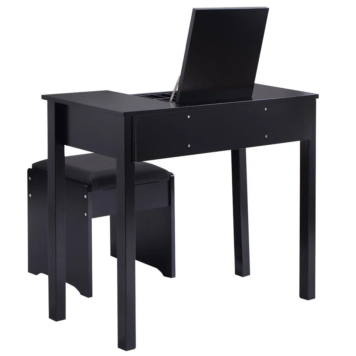 Black Vanity Dressing Table Set Mirrored W/Stool &Storage Box