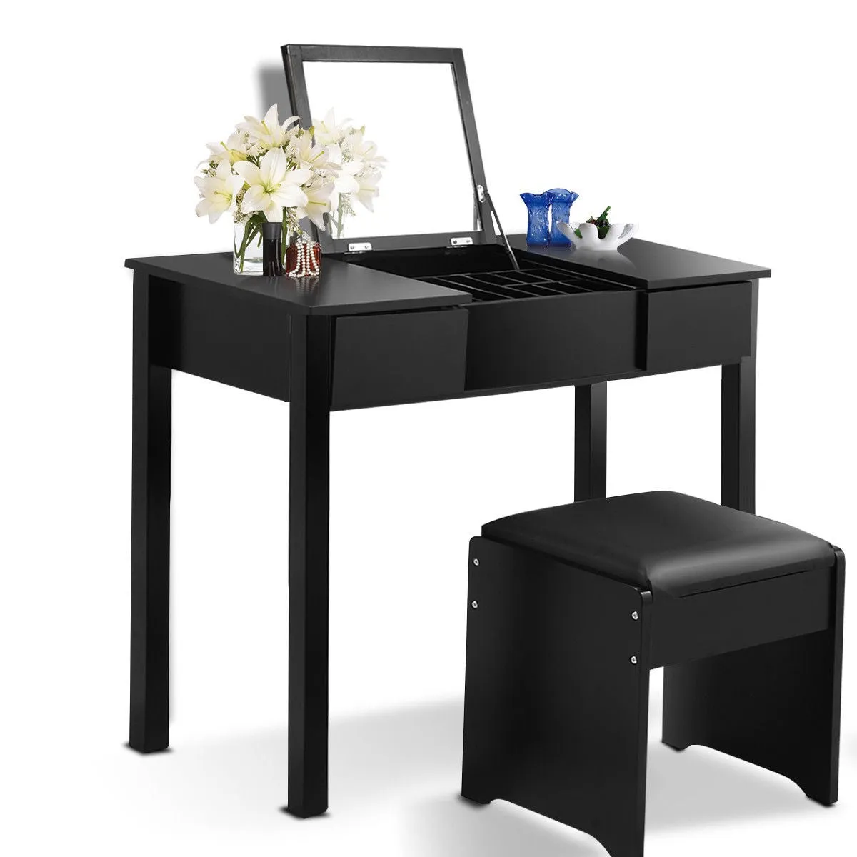 Black Vanity Dressing Table Set Mirrored W/Stool &Storage Box