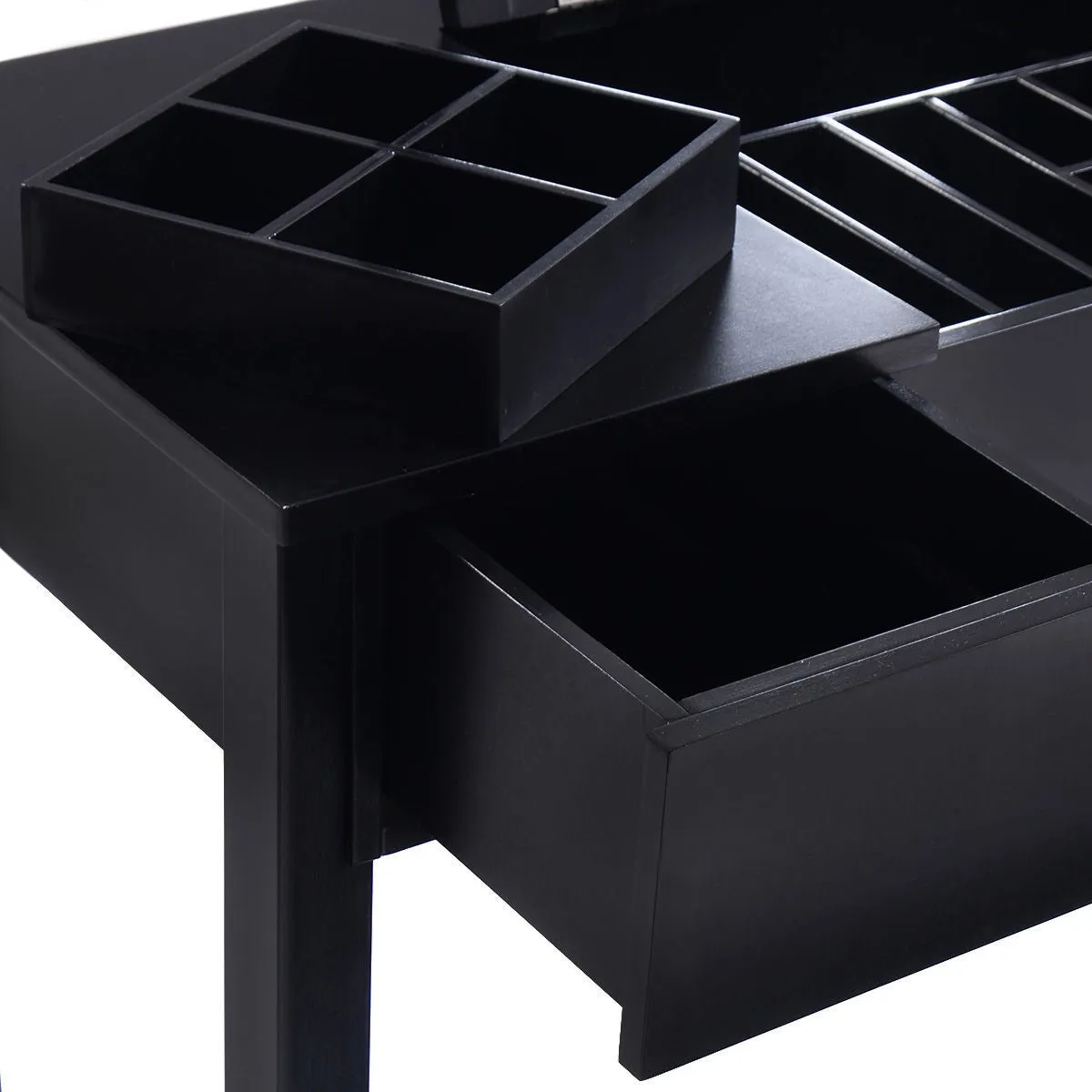 Black Vanity Dressing Table Set Mirrored W/Stool &Storage Box