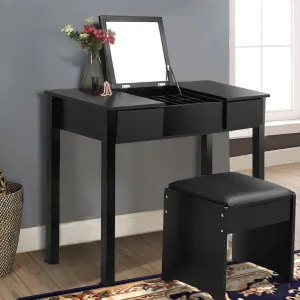 Black Vanity Dressing Table Set Mirrored W/Stool &Storage Box