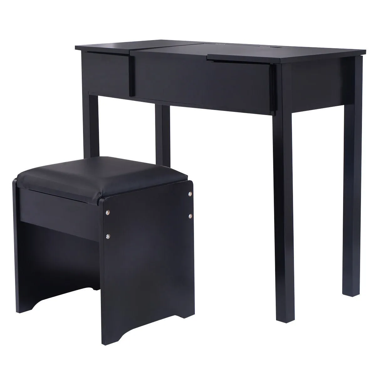 Black Vanity Dressing Table Set Mirrored W/Stool &Storage Box