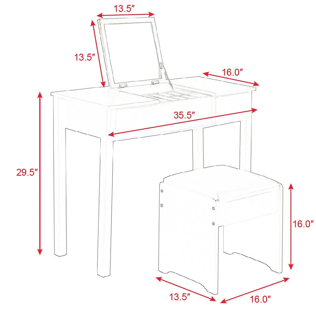 Black Vanity Dressing Table Set Mirrored W/Stool &Storage Box