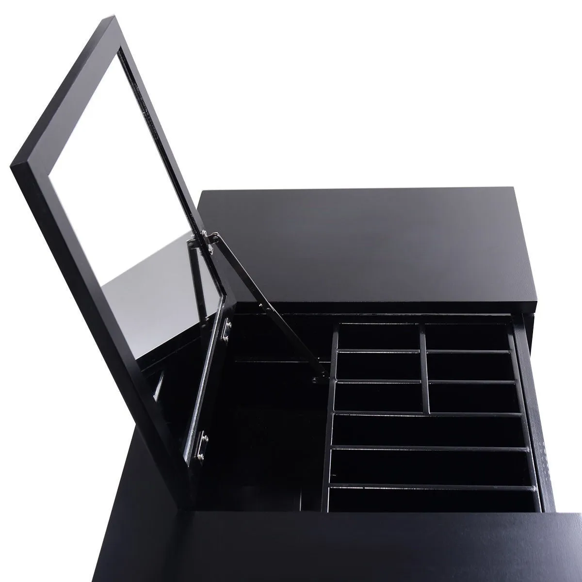 Black Vanity Dressing Table Set Mirrored W/Stool &Storage Box