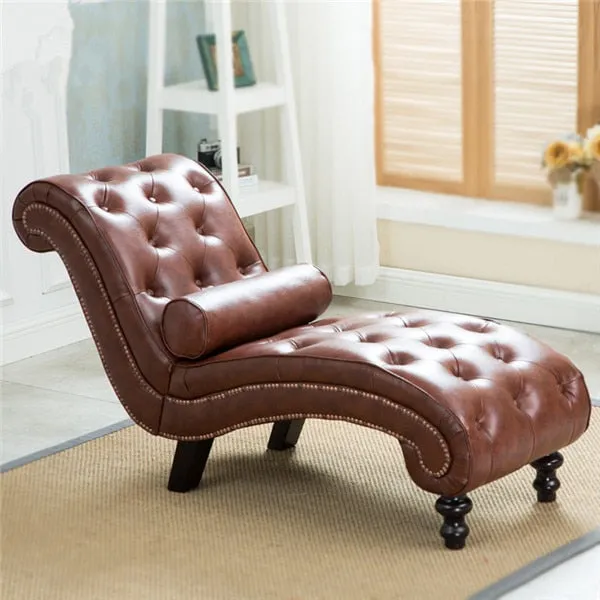 Classic Leather Chaise Lounge Sofa With Pillow Living Room Furniture