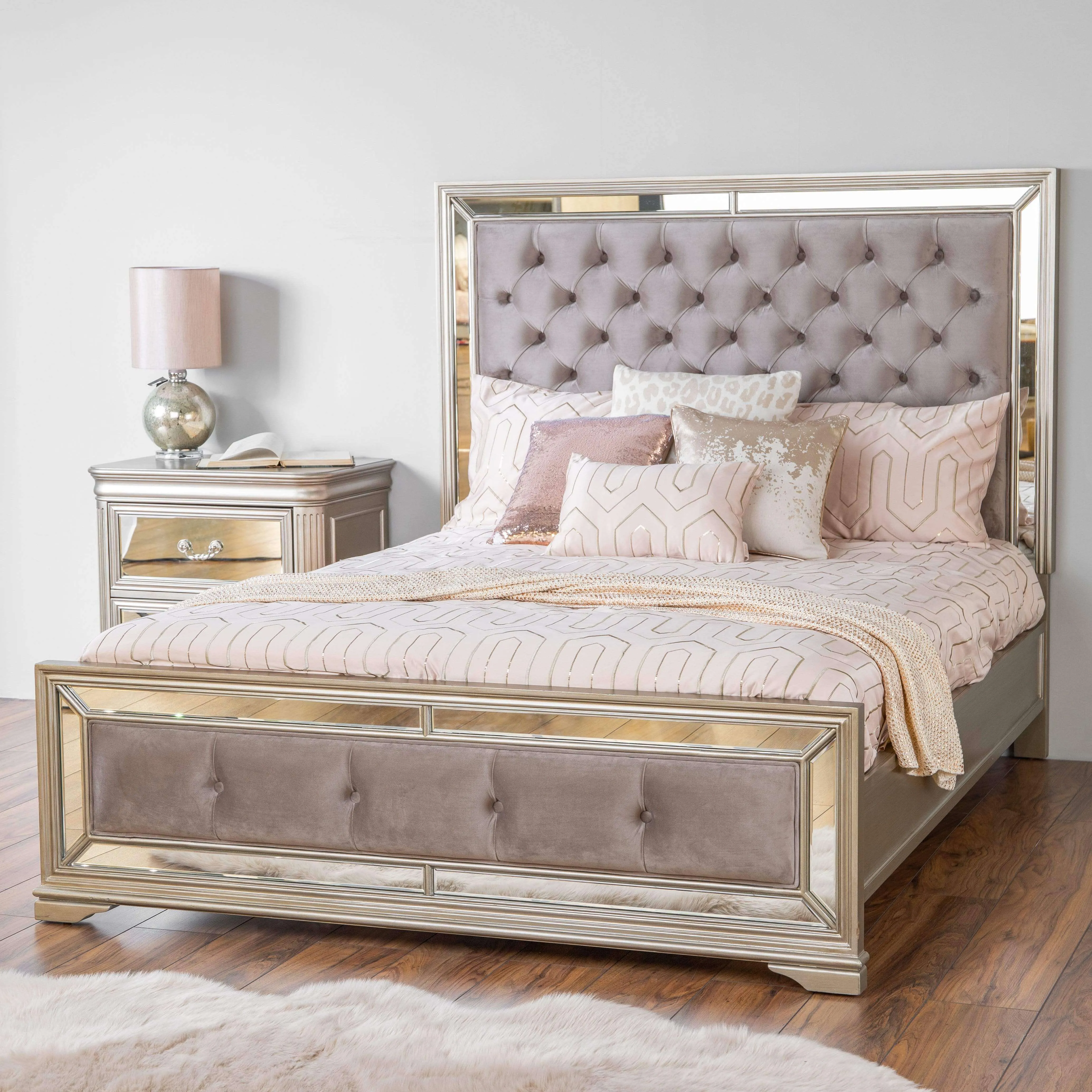 Clio King Size Velvet Mirrored Bedframe - Taupe