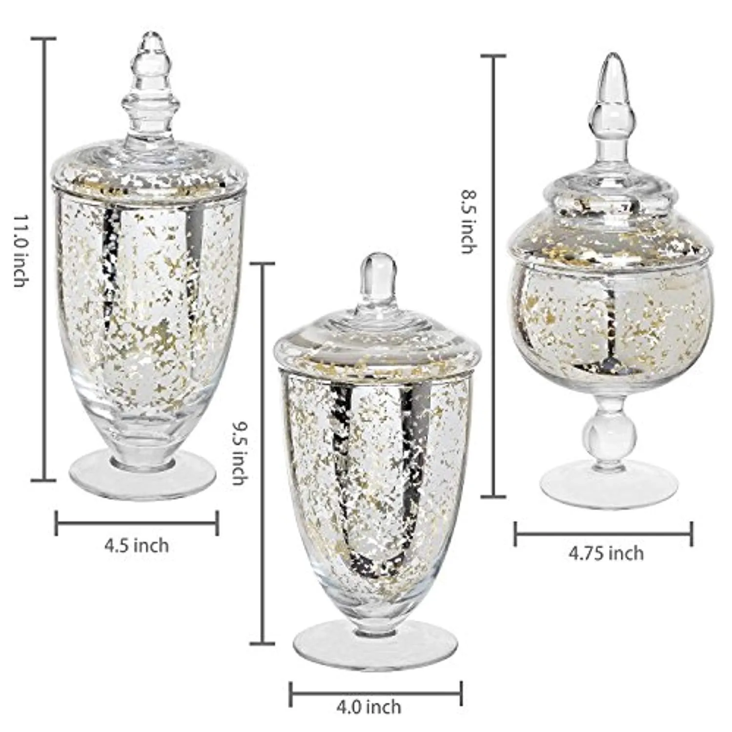 Decorative Mercury Silver Glass Apothecary Jars 3 Piece Set
