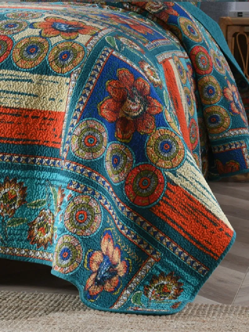 Vibrant Bohemian Floral Cotton 3 Piece Bedspread Embroidery Bedding Set