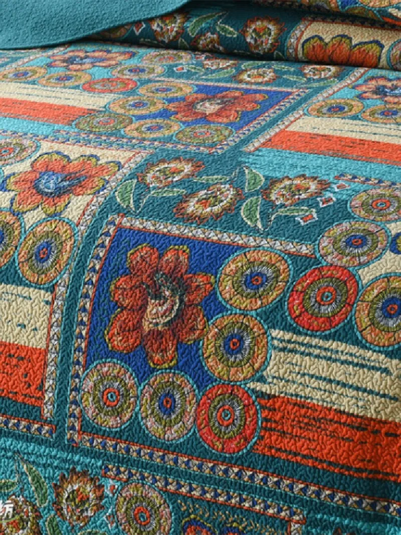 Vibrant Bohemian Floral Cotton 3 Piece Bedspread Embroidery Bedding Set